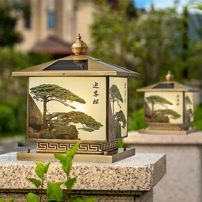 新中式太阳能柱头灯接电两用户外别墅庭院围墙大门柱子灯全铜防水