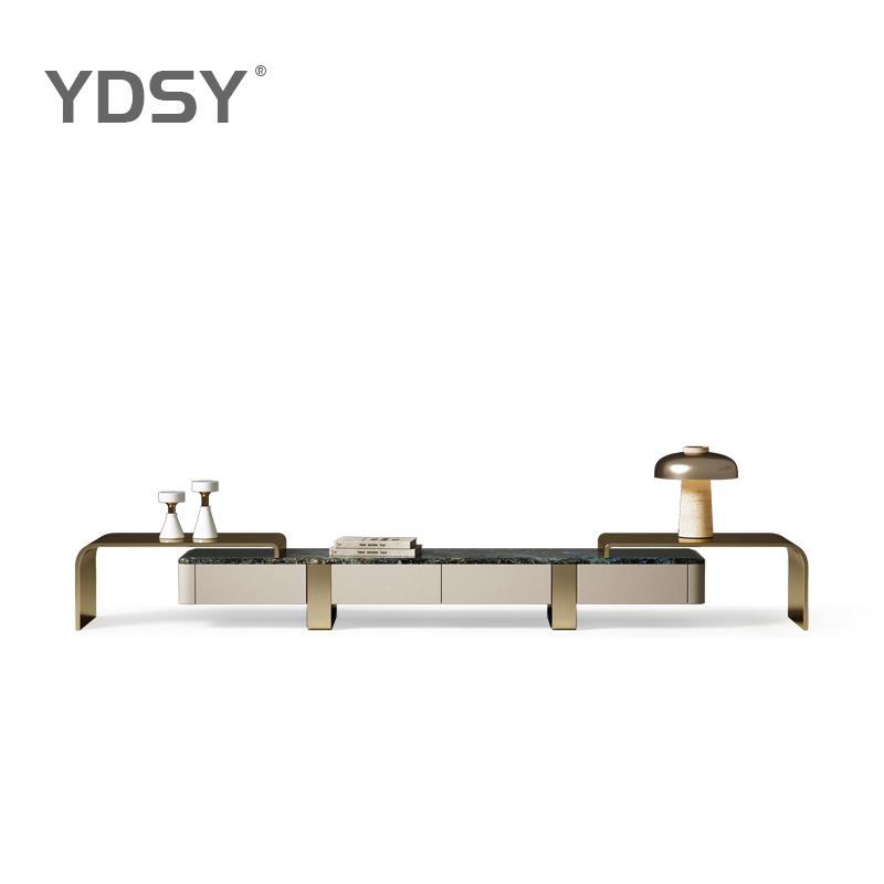 轻奢大理石电视柜 艺帝思雅现代可伸缩地柜 天然奢石面电视地柜