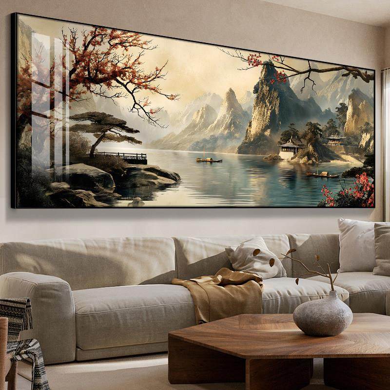 新中式客厅装饰画大气山水画办公室壁画茶室免打孔沙发背景墙挂画