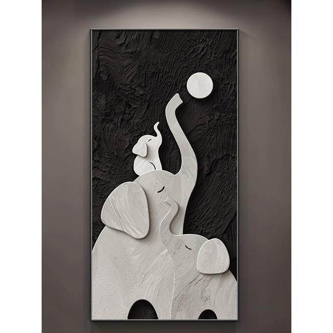 玄关过道挂画大象入户正对门走廊装饰画黑白2025年新款高端壁画