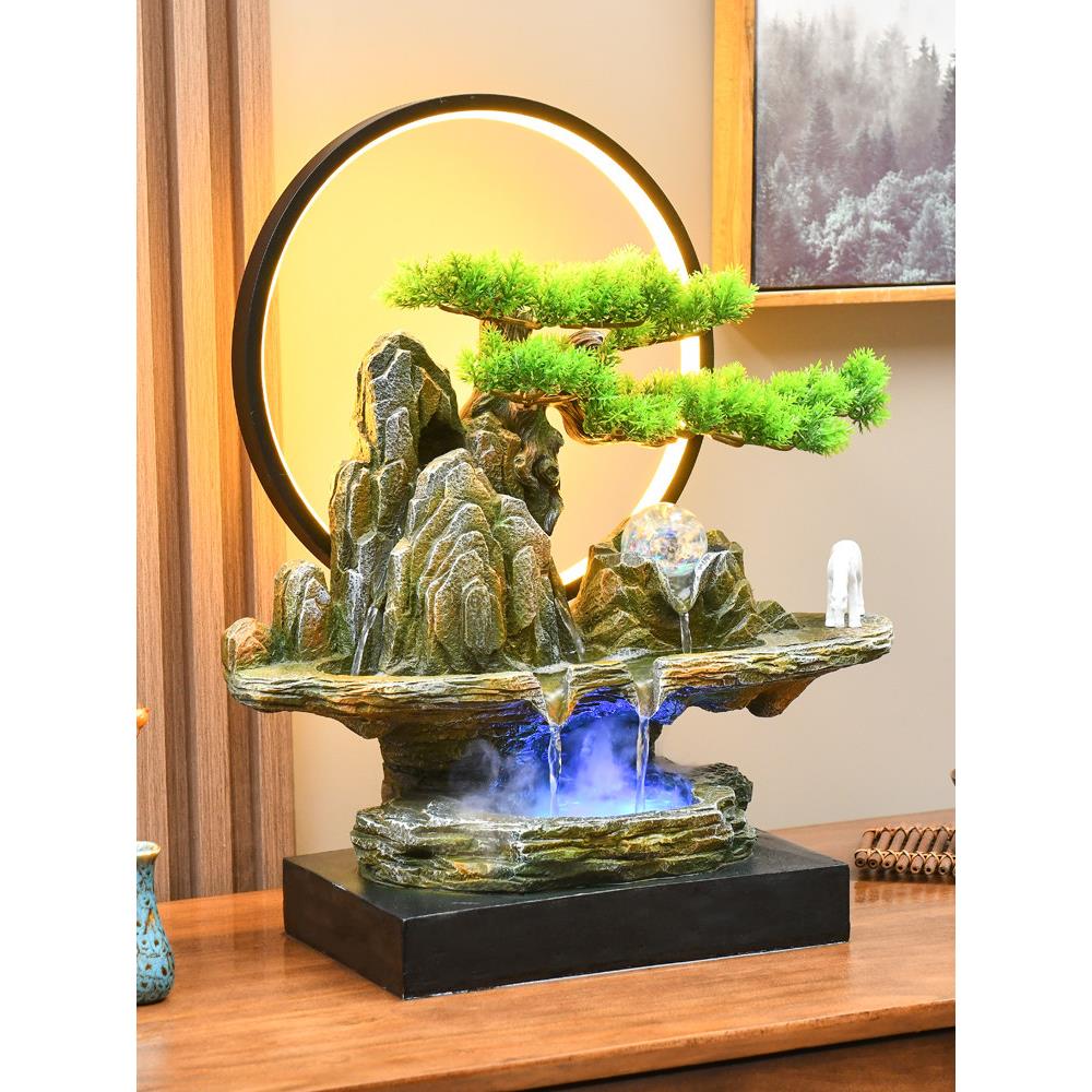 新中式假山流水喷泉摆件客厅办公室桌面装饰高山循环水生财风水轮