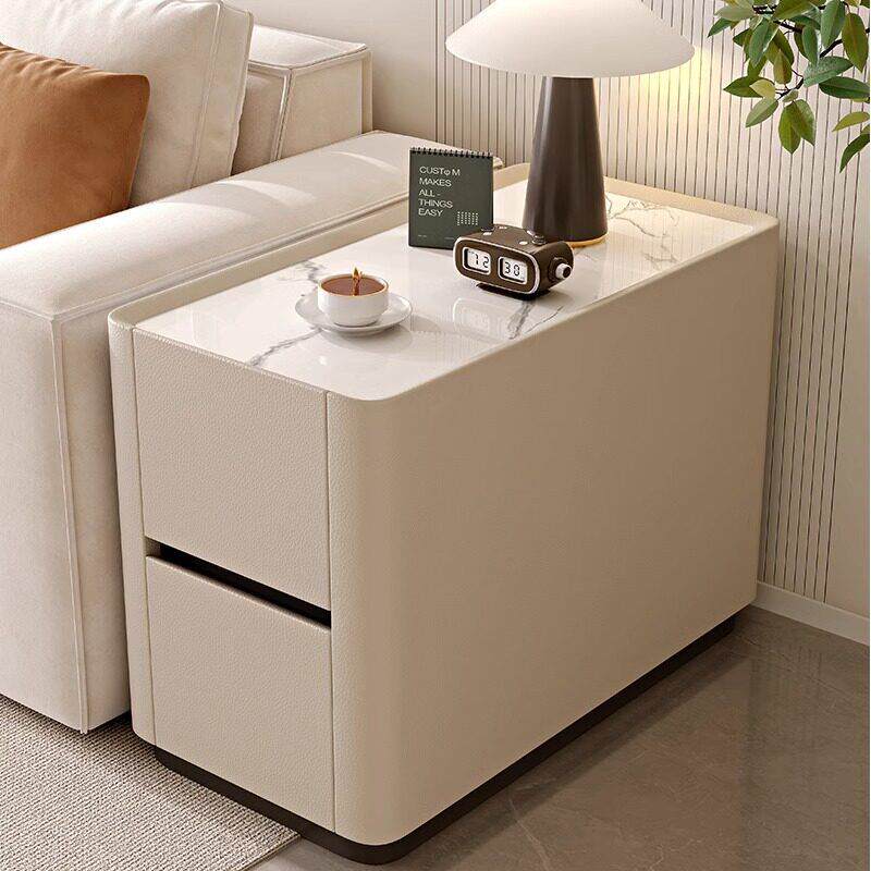 现代简约沙发边柜侧边柜轻奢高级感客厅实木岩板皮质边几茶几储物