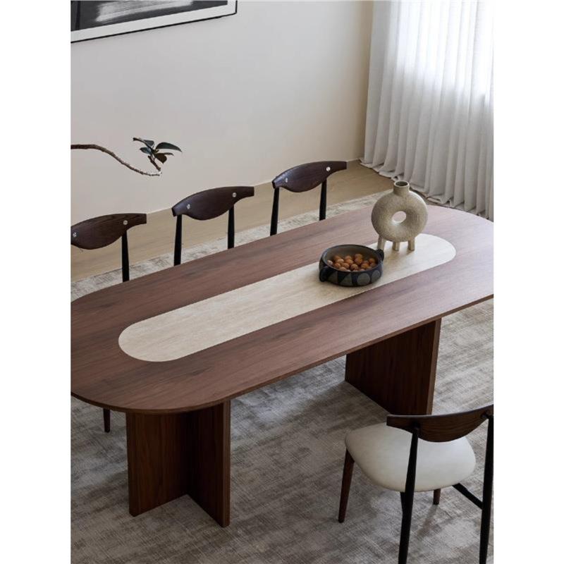 中古风椭圆形实木餐桌家用客厅胡桃木饭桌新款复古办公桌书桌