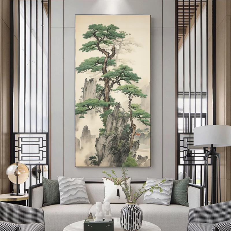 新中式山水风景十字绣2024新款客厅钻石画迎客松树满钻大气点钻画