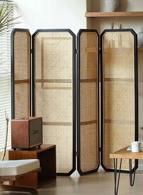 1I实木屏风移动折叠隔断藤挡编日式子屏风ICK入户格折屏卧室遮装