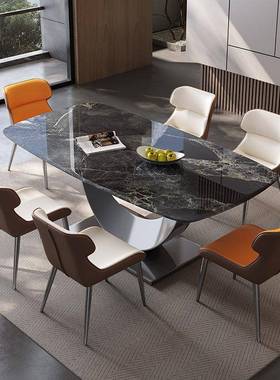 奢超晶石长餐桌椅组合现代简约方吃57774饭形桌轻子小户型微晶石