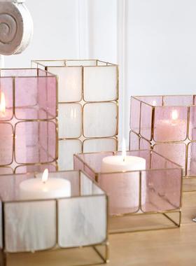 厂家直销铜ali-6849中号方格怀旧风白色粉色烛玻璃风灯色蜡防风烛