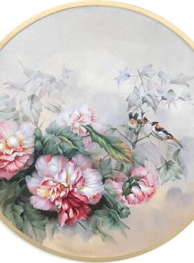 卉油画绘新手画中式客厅玄关装饰高档圆形餐花厅花鸟挂sfe1193画