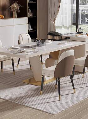 轻奢岛台餐桌一可USK体移家用现代约泡茶桌简奶油风长方动形岩板