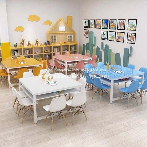 幼儿园绘画桌课儿童画画桌学生桌椅美教室桌子拼术接手彩CYG工桌