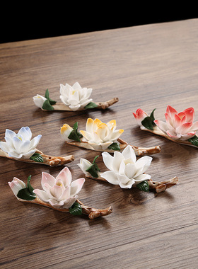 禅意茶宠花朵摆件手工捏花陶瓷白玉兰香插茶道香座笔托家居