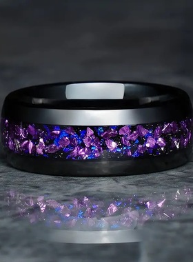 跨境爆款不锈钢戒指欧美电商热销仿紫水晶镶嵌碳化戒指简约大气
