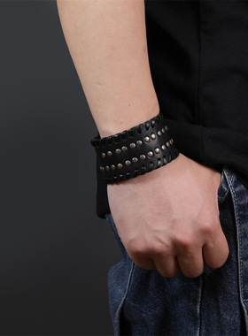 跨境欧美手链新款时尚简约复古朋克风宽皮男士皮革手链