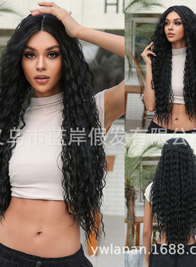 黑色非洲小卷蕾丝假发28inch中分长卷发进口丝化纤发前额蕾丝假发