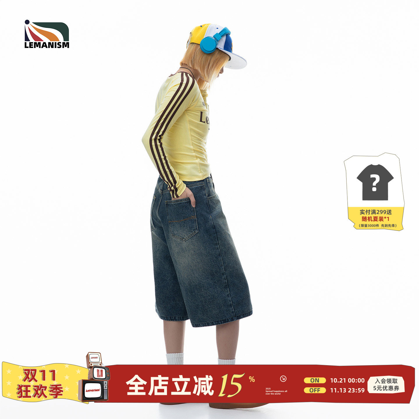 lemanism美式水洗牛仔短裤夏季宽松休闲中裤七分裤潮牌情侣直筒裤