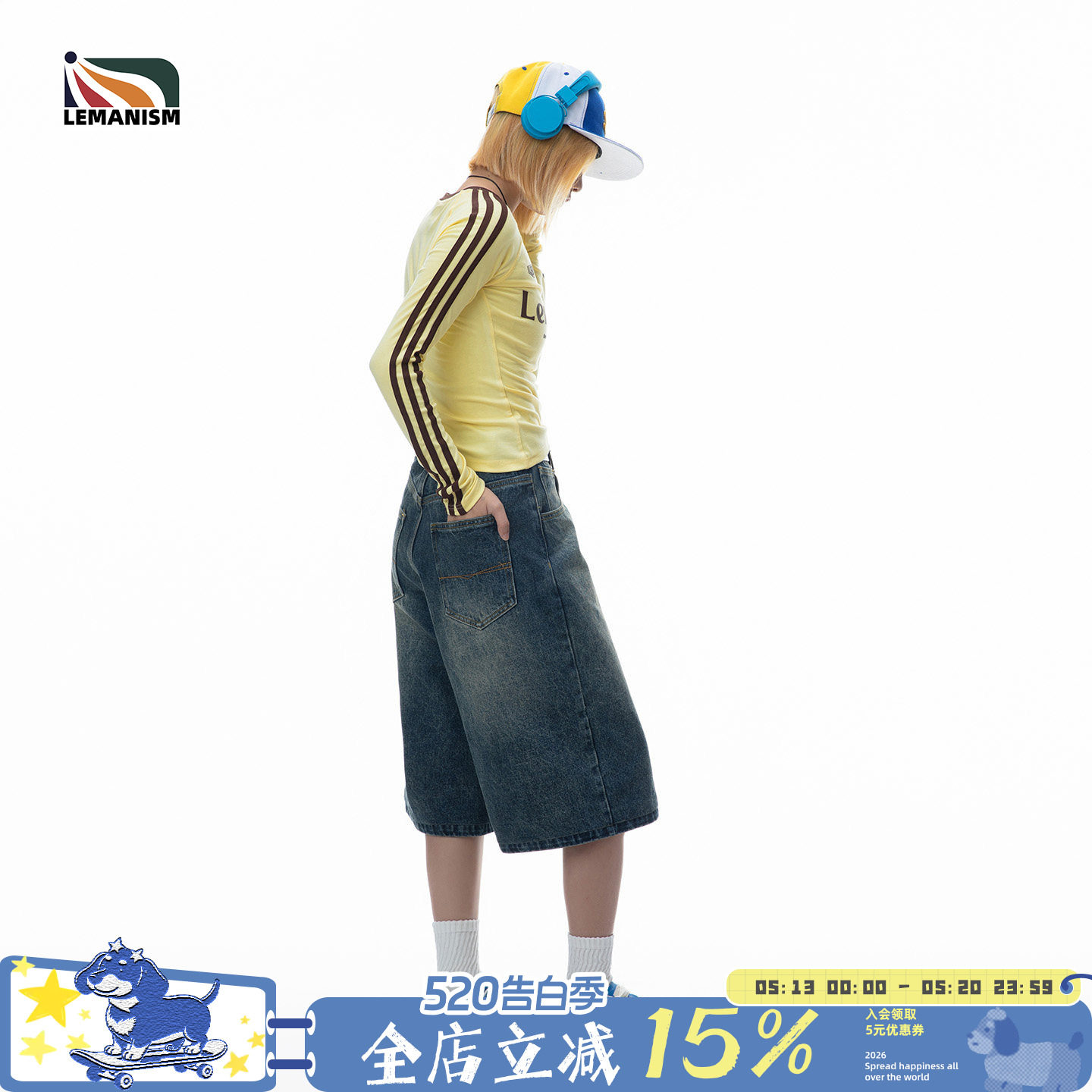 lemanism美式水洗牛仔短裤夏季宽松休闲中裤七分裤潮牌情侣直