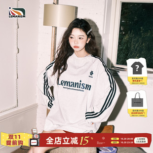 lemanism270g纯棉三条杠圆领长袖T恤男春季情侣卫衣无帽体恤衫女
