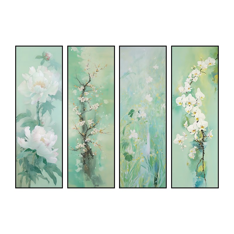 原木风客厅沙发背景墙装饰画清新兰花茶室挂画竖玄关四联条屏壁画