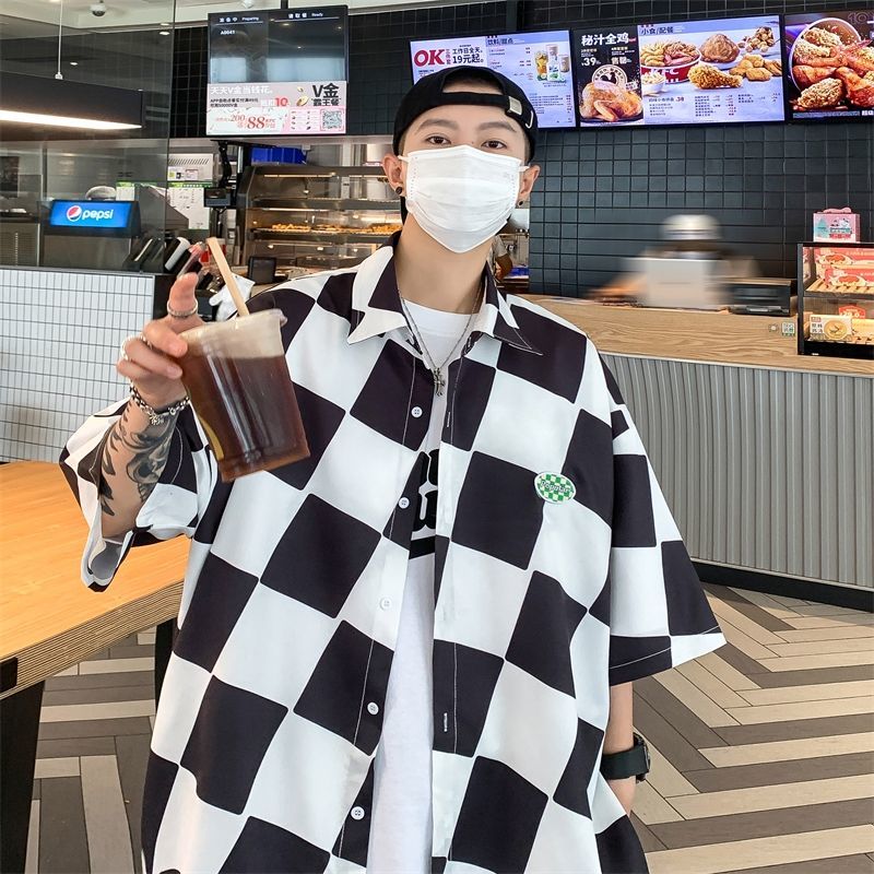夏季冰丝男士短袖格子衬衫
