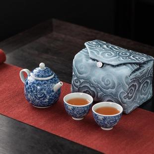 一壶两杯青花瓷户外陶瓷茶壶快客杯旅行包二人功夫茶具套装 便携式