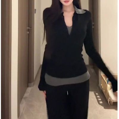 设计感小众撞色拼接假两件长袖T恤女冬季内搭修身显瘦打底衫上衣