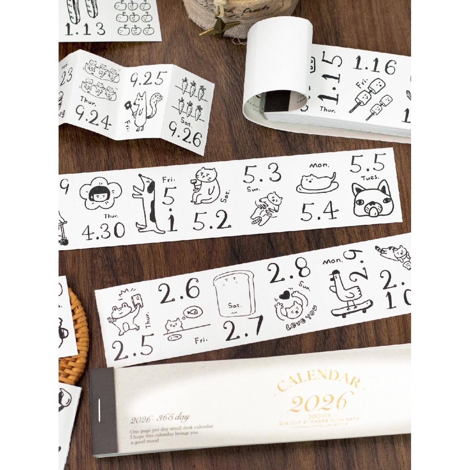 2026年一日一页日历贴纸日付创意可撕手帐插画涂鸦365天台历迷你