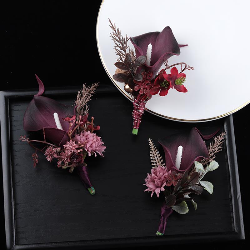 高级暗色调结婚胸花新娘新郎仿真马蹄莲婚礼伴郎襟花嘉宾西装佩花