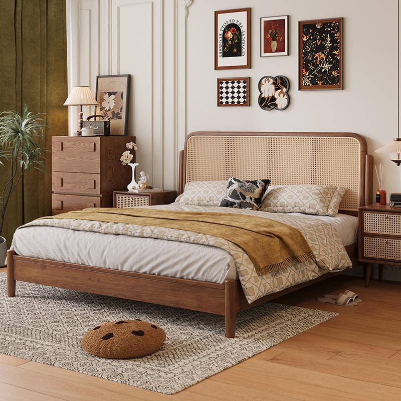 实木藤编床复古风法式单双人床1.8米现代简约卧室侘寂胡桃色民宿