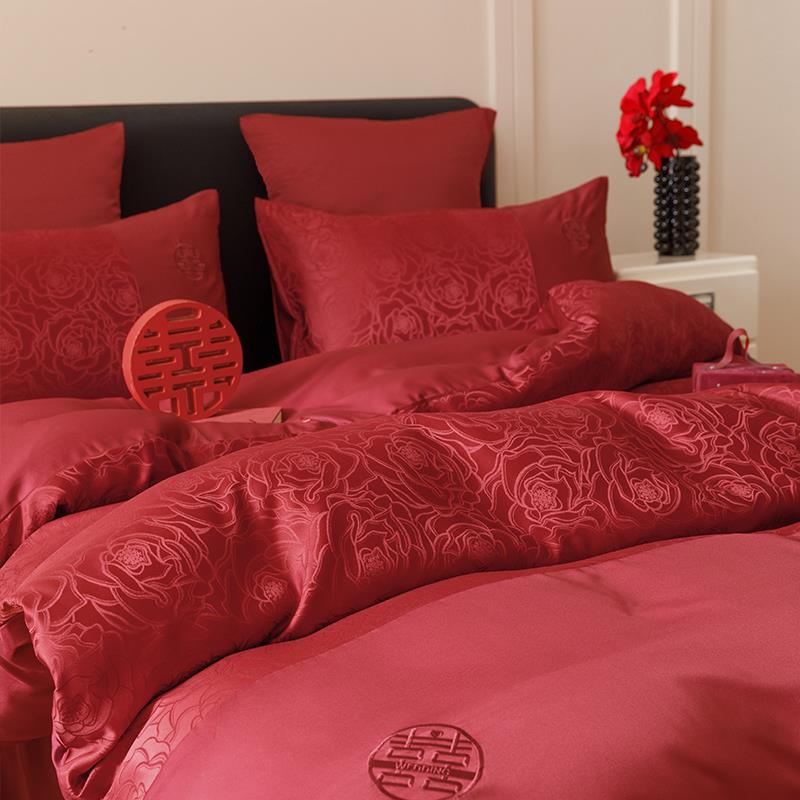 中式喜字结婚四件套新婚嫁婚房红色床单被套纯棉喜被婚庆床上用品