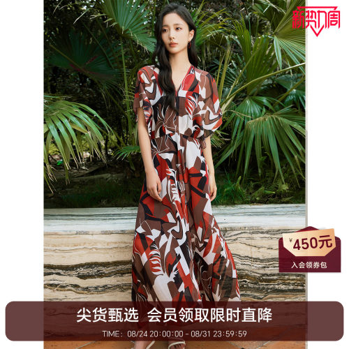 恩比时雪纺连衣裙女2026夏季新款短袖V领印花收腰大摆中长款裙子