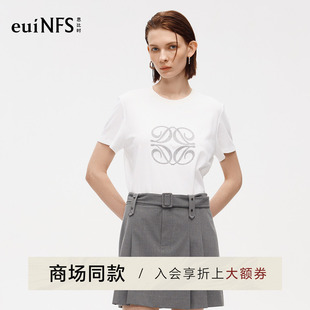 【商场同款】恩比时纯棉白色T恤女2026夏季新款圆领绣花短袖上衣