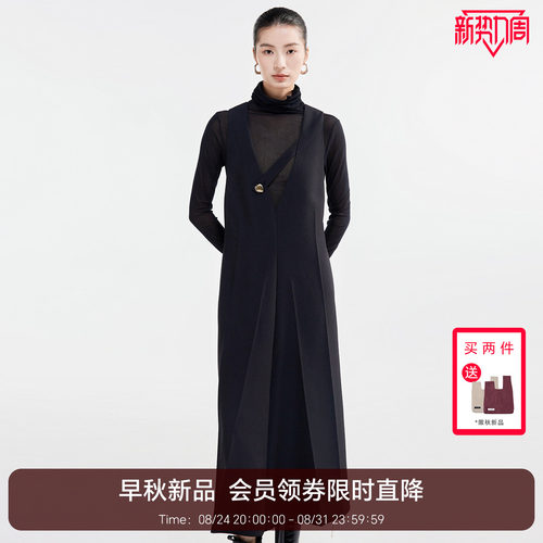 恩比时黑色背心连衣裙女2026秋季新款V领金属扣宽松直筒气质长裙