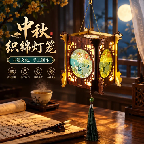 中秋宋锦非遗儿童DIY发光灯笼