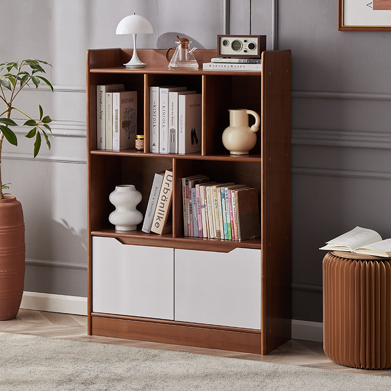 实木家用书柜客厅储物柜一体v八格柜落地带门书架格子柜靠墙置物