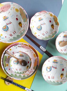 和风四季卡通羊驼釉下彩陶瓷餐具套装饭碗面碗汤碗圆盘花边深盘