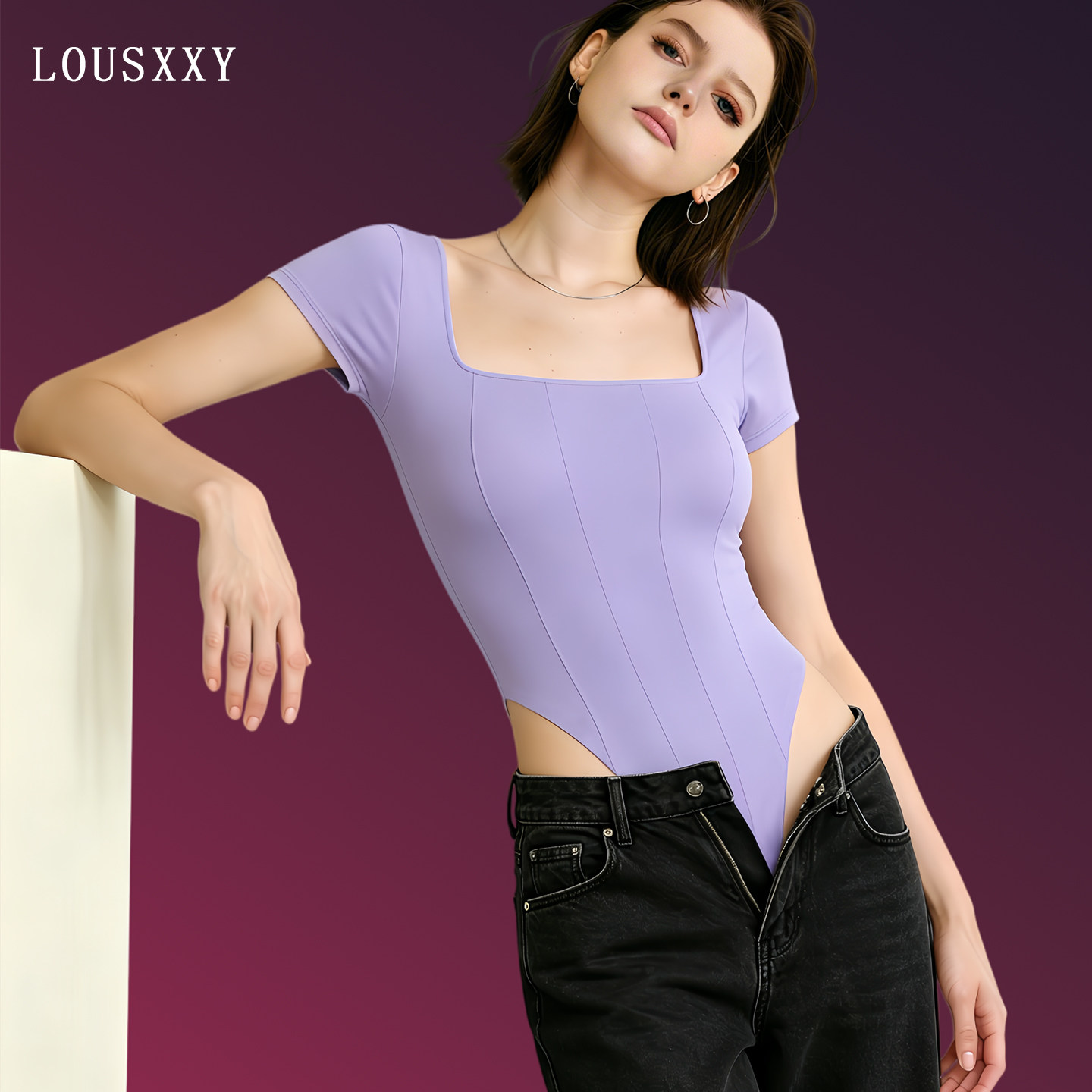 LOUSXXY大方领高叉连体紧身衣无痕显瘦薄款透气高弹力紧身美体衣