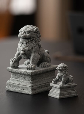 石狮子小摆件一对  看门石雕喜狮麒麟茶宠鱼缸造景桌面装饰礼物