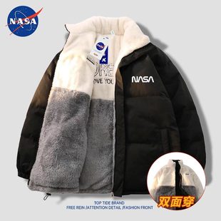 NASA双面穿羽绒棉服男款冬季美式羊羔毛情侣外套加厚保暖刺绣棉衣