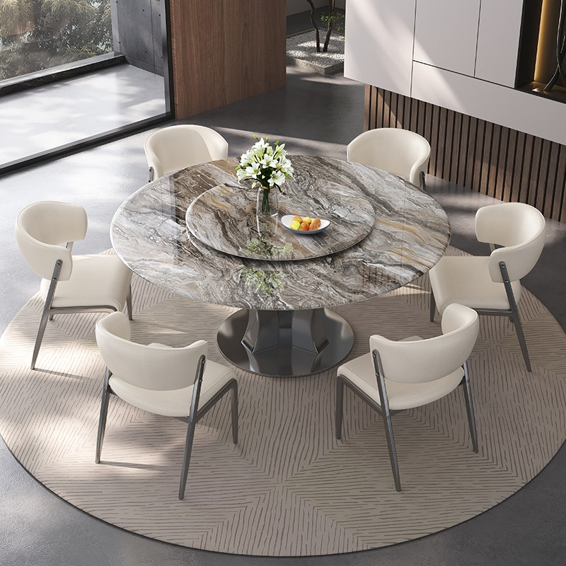 意式轻奢大理石餐桌圆形家用超晶石饭桌超晶石圆桌吃饭桌子带转盘