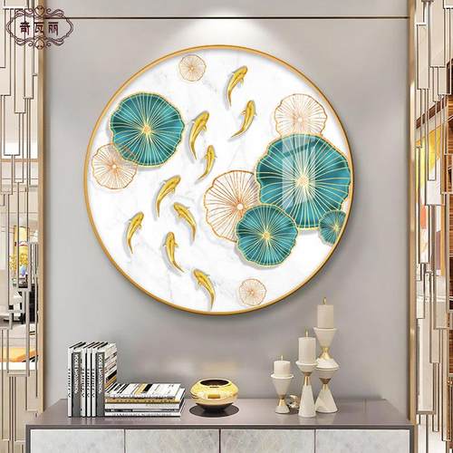 九鱼图入户玄关装饰画现代轻奢高档圆形餐厅挂画客厅led灯画壁画