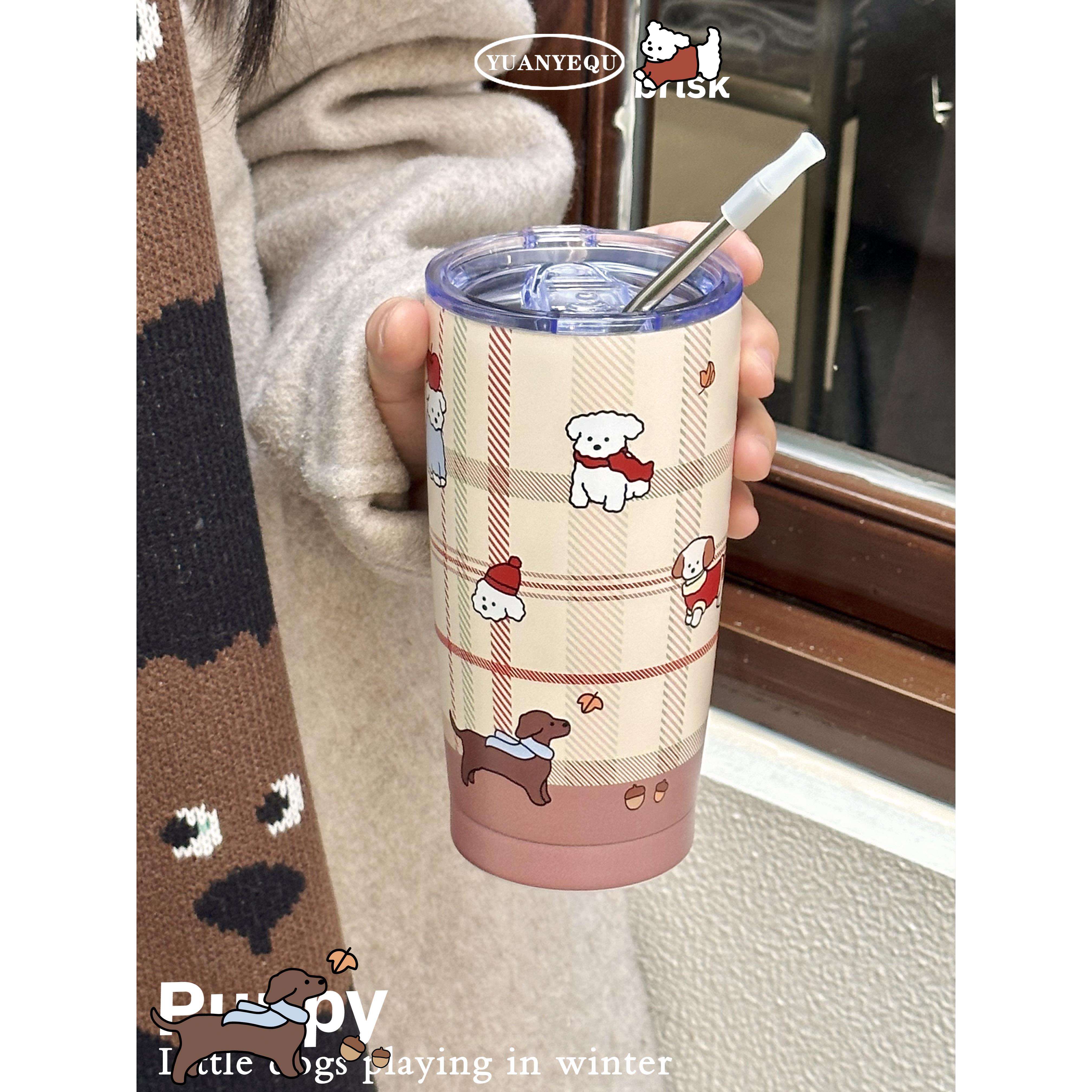 原野趣生活家冬日红棕色小狗304不锈钢550ml咖啡随行杯吸管保温杯