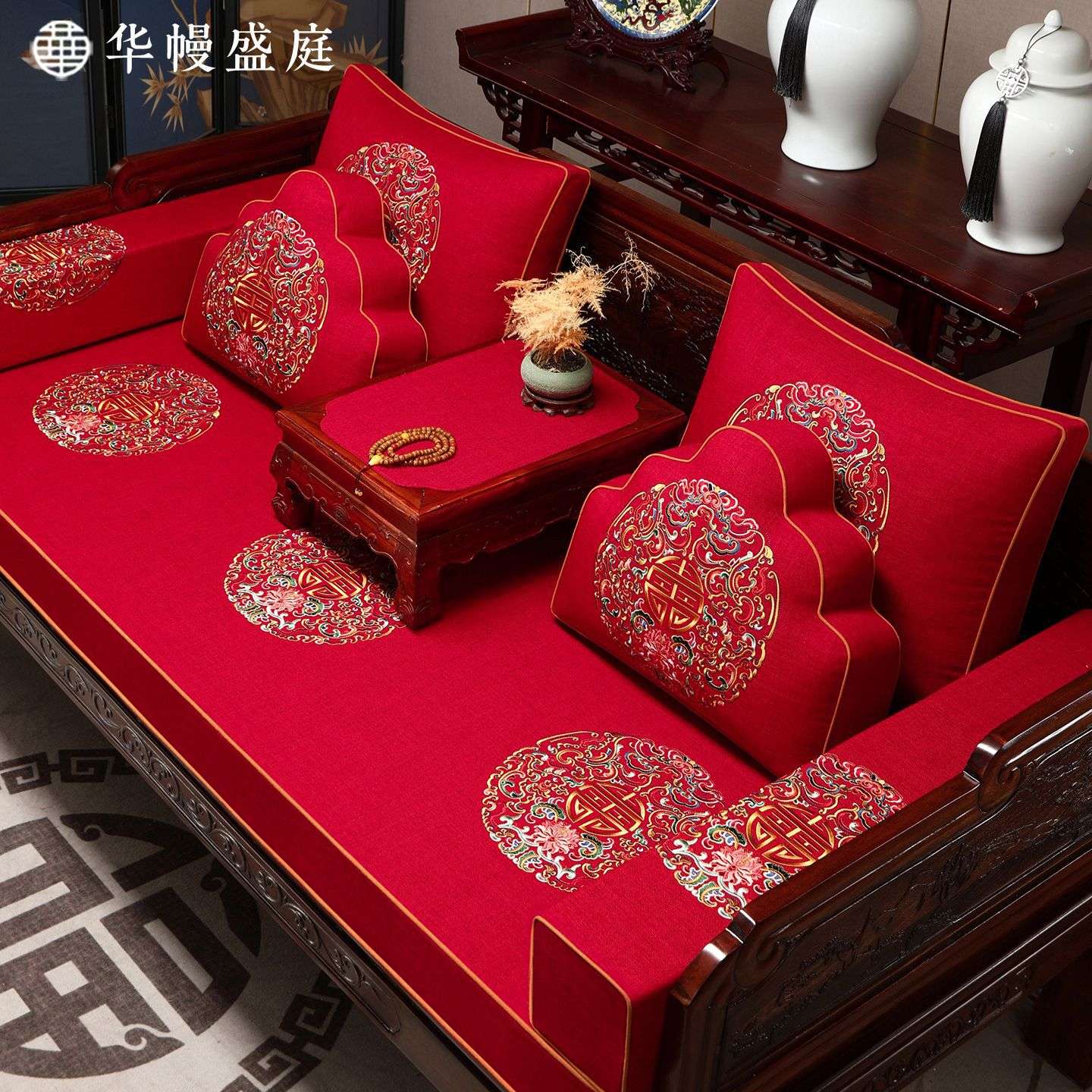 中式罗汉床五件套坐垫靠背实木家具防滑沙发垫乳胶椰棕海绵垫子