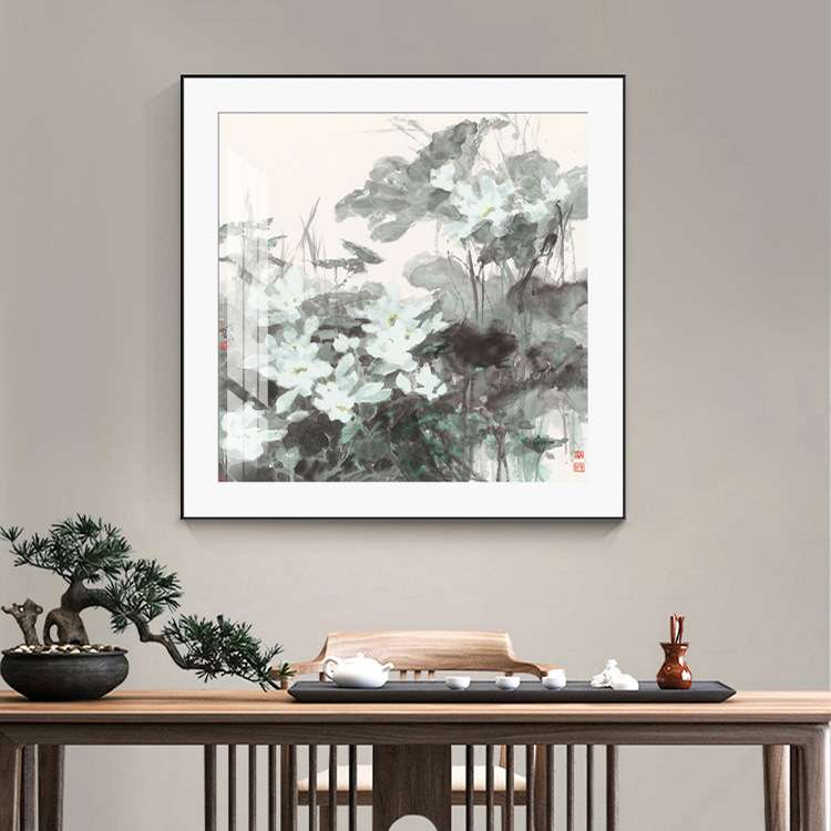 墨荷花卉装饰画客厅沙发玄关餐厅茶室办公室壁画新中式水墨挂画图片
