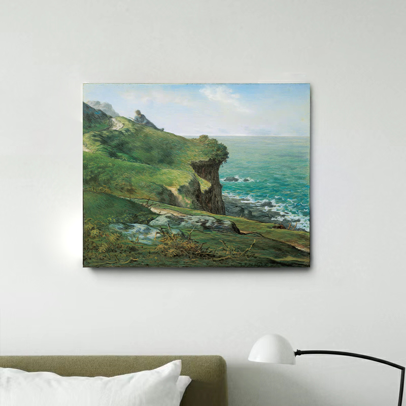 纯手绘米勒《格雷维尔的峭壁》绿色调油画风景高级感客厅装饰挂画