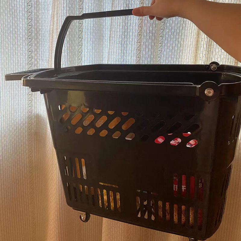 超市购物篮手提篮拉杆带轮塑料筐手拉式大号买菜车子便利店菜篮子