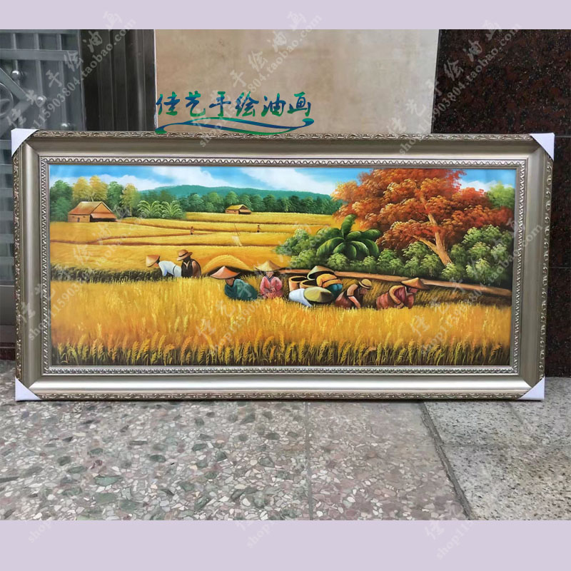 纯手绘五谷丰收风景油画麦田水稻装饰画金色大稻田挂画