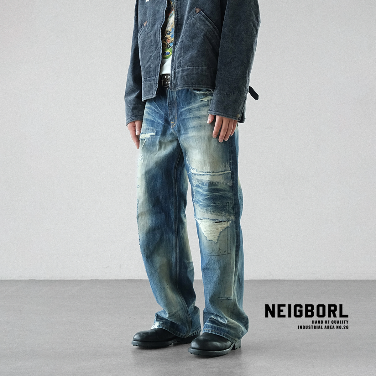 【掐烟】NEIGBORL钊叔制美式复古做旧破洞水洗直筒宽松休闲牛仔裤