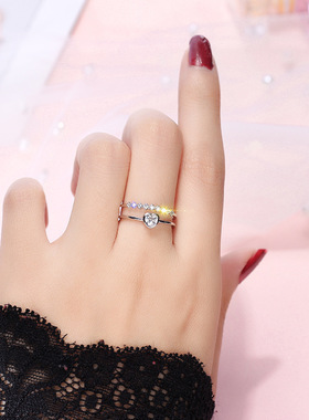 跨境新款热销爱心形戒指镶嵌锆石双层女戒开口可调创意时尚指环