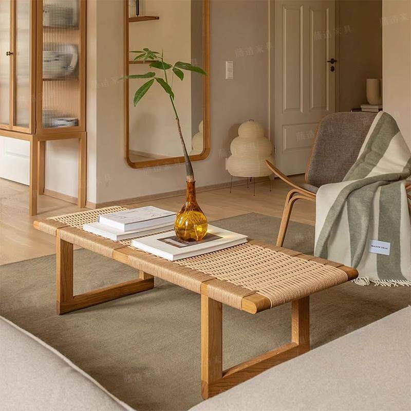 实木长条凳民宿侘寂风原木换鞋凳卧室藤编凳覆古莫森绳编床尾长凳