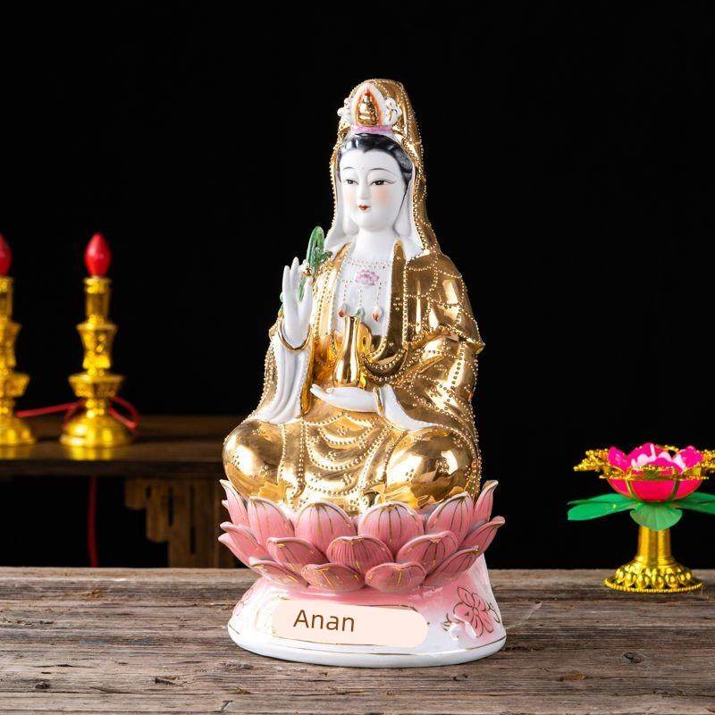 高档陶瓷观音娘娘菩萨佛像家居开业乔迁摆件南海观世音神像套装